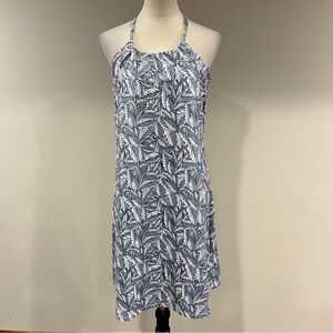 Eddie Bauer sporty Blue Leaf Print stretchy halter mini Dress size large‎